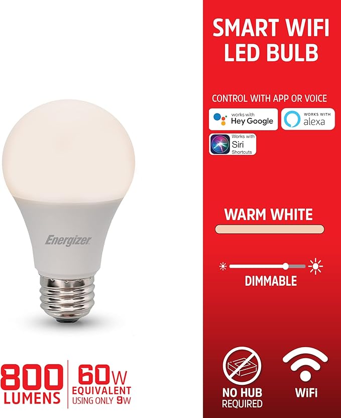 XTREME Energizer Smart Wi-Fi LED Light Bulb, Warm White, 60W, 800 Lumens, Compatible with Alexa, Google Assistant and Siri, Control from Anywhere with App, Custom Schedules, 2-Pack