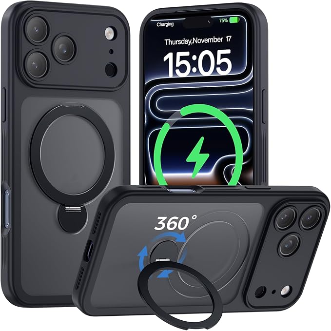 for iPhone 17 Pro Max Case [ 360° Spin Magnetic Stand] [Full Camera Protection] Compatible with Magsafe, 15FT Military-Grade Protection, Translucent Matte Anti-Slip Phone Case 6.9'', Black