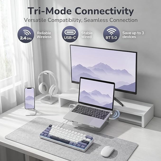 RK ROYAL KLUDGE RK61 Wireless Mechanical Keyboard, 60% Triple Mode BT5.0/2.4G/USB-C Compact Gaming Keyboard, PBT Keycaps, Pro Software, Hot Swappable Custom Switches