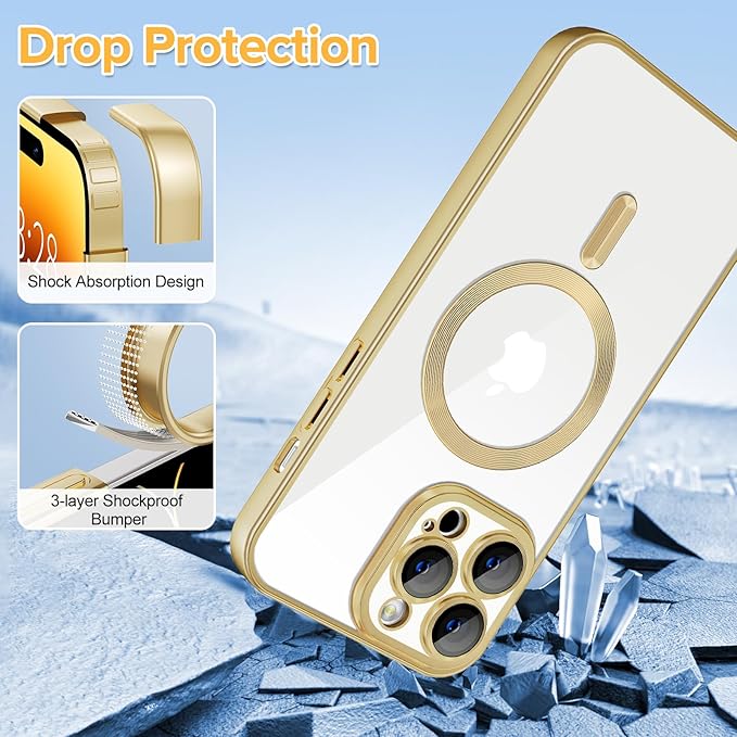 Hython Magnetic Clear for iPhone 14 Pro Max Case with Camera Lens Protector [Compatible with MagSafe] Plating Edge Slim Soft TPU Cover Protective Phone Case for iPhone 14 Pro Max 6.7", Matte Gold