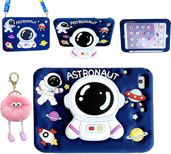 3D Cute Astronaut Case for iPad 9th/8th/7th 10.2 inch/Air 3 2019/Pro 10.5 inch,Kawaii Cartoon Pretty Space Astronaut Soft Silicone Foldable Stand Case with Lanyard for Kids Teens Girls Women