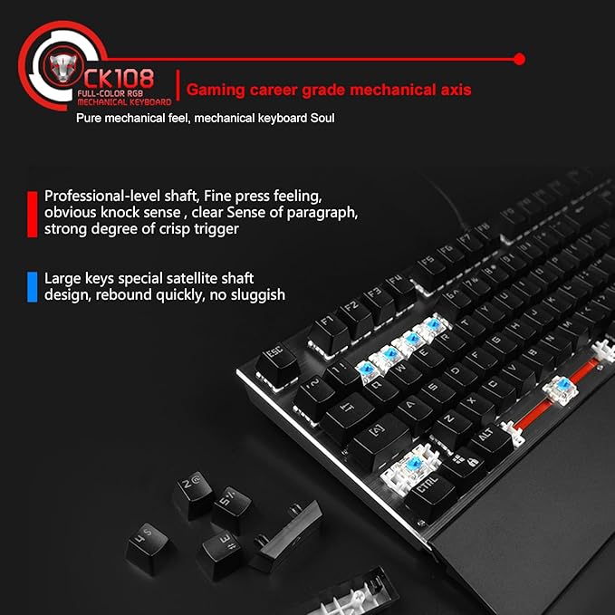 MOTOSPEED CK108 RGB LED Backlit Wired Mechanical Gaming Keyboard, 108 Keys Hot-Swap Mechanical Keyboard w/Aluminum Base, Upgraded Socket and Noise Absorbing Foams, Soft Tactile Blue Switch