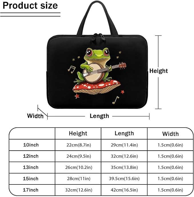 12 Inch Mushroom Frog Laptop Sleeve, Protective Tablet Case with Handle, Water Resistant Zipper Computer Carrying Bag Notebook Cover Messenger Briefcase for Travel/Business/School