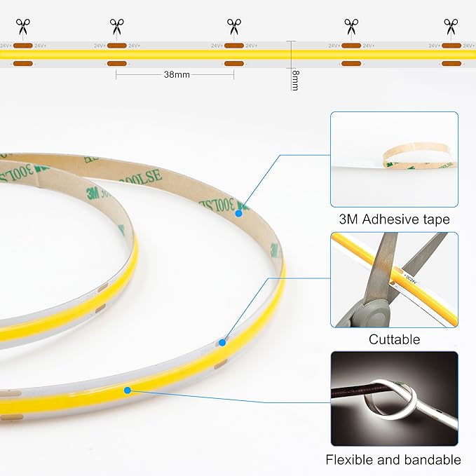 AXMOTUT White COB LED Strip Light, Dimmable 32.8ft/10m LED Light, 6000K Daylight White 3200 LEDs High Lumen LED Tape Lights CRI 90+ with RF Remote and UL Power for Bedroom,Kitchen,DIY Home Decoration