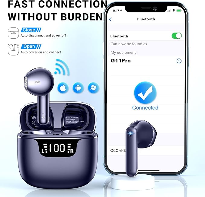 Wireless Earbuds, Bluetooth 5.4 Headphones with 42H Ultralight Ear Buds, Bluetooth Earbuds with 4 ENC Noise Cancelling Mics, HiFi Deep Bass Dual LED Display USB-C, IPX6 Waterproof Earphones Blue