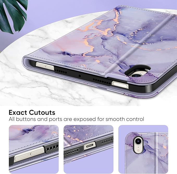 Fintie Folio Case for iPad Mini 7 (A17 Pro, 7th Generation) 2024 / iPad Mini 6 (6th Gen) 8.3 Inch, Multi-Angle Smart Stand Cover with Pencil Holder & Pocket, Auto Sleep/Wake, Lilac Marble