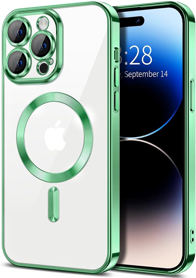 Hython Magnetic Clear for iPhone 14 Pro Case with Camera Lens Protector [Compatible with MagSafe] Luxury Plating Edge Slim Soft TPU Cover Protective Phone Case for iPhone 14 Pro 6.1", Light Green