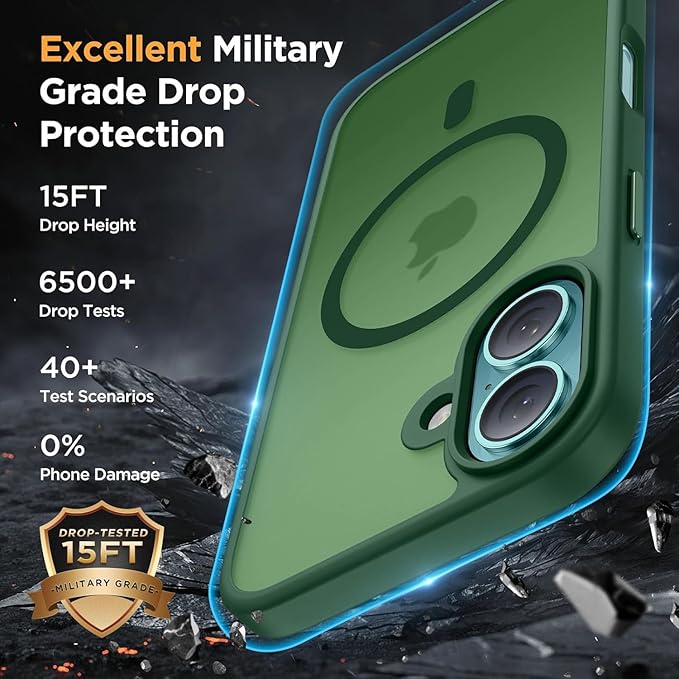 Miracase Magnetic for iPhone 17 Case (Compatible with MagSafe) with Screen Protector Military-Grade Protection, Anti-Fingerprint Translucent Matte Phone Cover for iPhone 17 6.3 inch, Dark Green