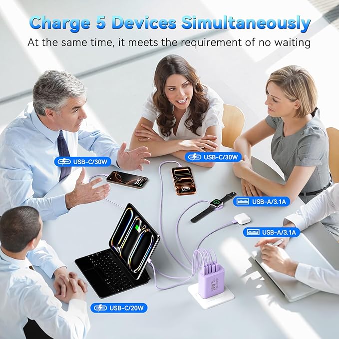 USB C Charging Blocks, 60W USBC Wall Fast Charger Block, Type C Phone USB C Charger Fast Charging Brick, 5-Port Multiport Charger Plug Power Adapter for Phone 17/16/15/14/13 Pro Max, Pad,S25-Lavender