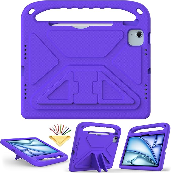 Kids Case for iPad Air 11 inch M4/M3/M2 (2026/2025/2024) & iPad Pro 11 inch M5/M4 (2025/2024) with Pencil Holder/Handle/Kickstand Lightweight Shockproof Cute Soft EVA Foam Stand Cover, Purple