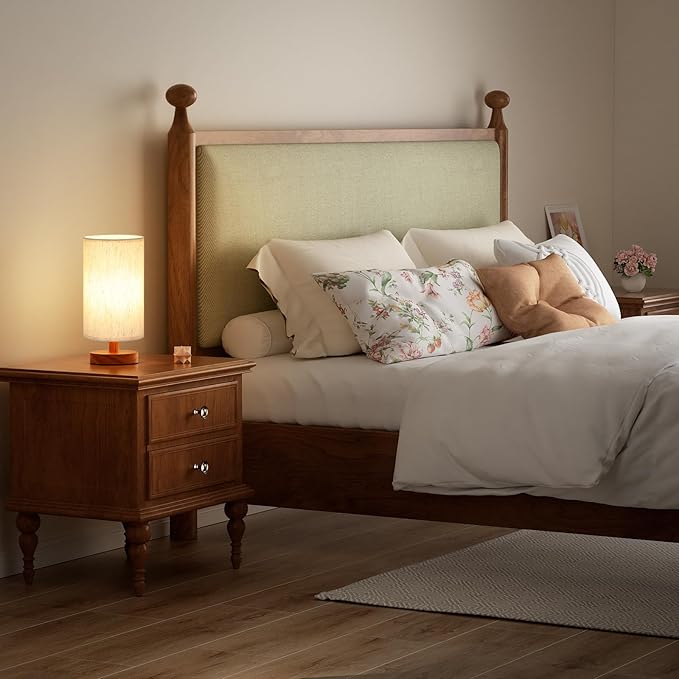 Fenmzee Small Table Lamp for Bedroom - Inline Control, Bedside Lamp with 3000K A15 LED Blub, Easy Assembly (Cream Shade - Walnut Base, 9" Inline Control)