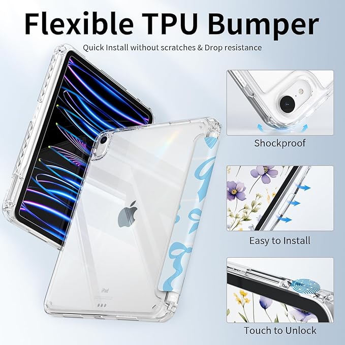 Shockproof Case for iPad Pro 13 Inch M5 2025 & M4 2024 with Pencil Holder, Stable Trifold Stand, Slim Transparent Clear Back Cover, Auto Wake/Sleep, Blue Bows