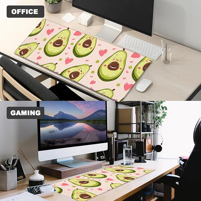Happy Avocado Gaming Mouse Pad – 12x31.5in Non-Slip Rubber Desk Mat with Cute Fruit and Heart Design – Large Extended Mousepad for Office Home – Deskmat Gifts for Food Kawaii Lovers Decor