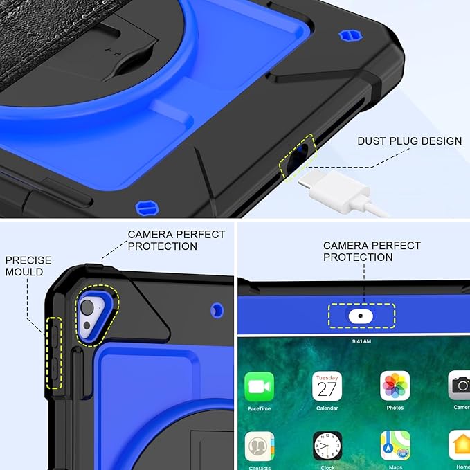 BMOUO Case for iPad 6th/5th Generation Case (9.7 inch, 2018/2017), 360°Rotating Stand, Hand/Shoulder Strap Shockproof iPad 9.7” Case for iPad Air 2, Deep Blue