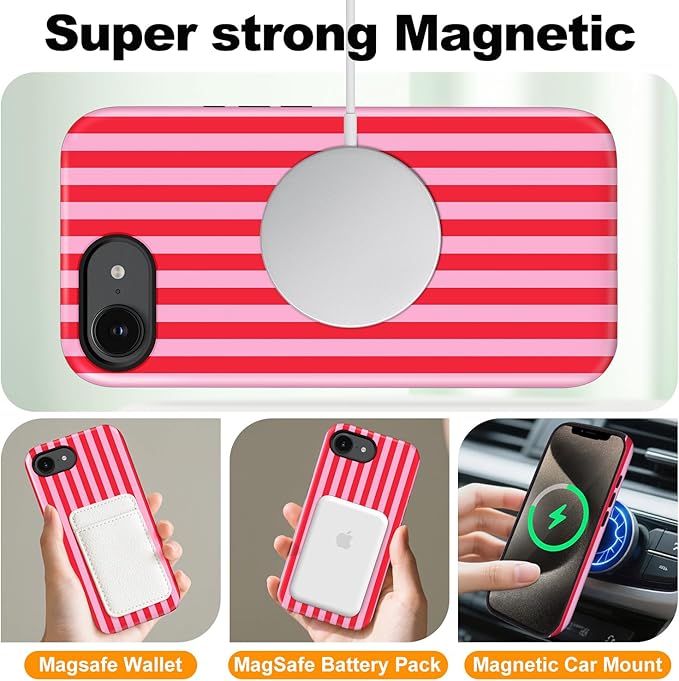 Magnetic for iPhone 17e Case Cute Stripes Phone Case, Shockproof Slim TPU and Hard PC Protective Phone Cover Compatible with MagSafe Designed for Women Girls, Red and Pink