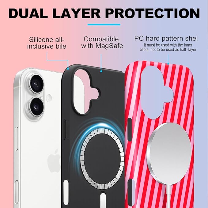 Magnetic for iPhone 16 Case Cute Diagonal Stripes Phone Case, Shockproof Slim TPU and Hard PC Protective Phone Cover Compatible with MagSafe Designed for Women Girls,Red