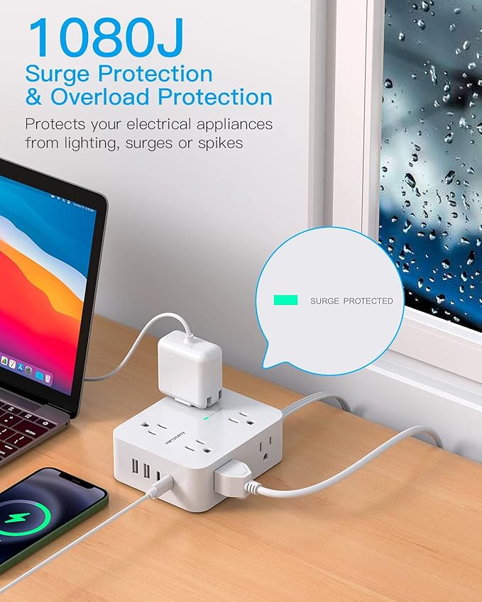 Surge Protector Power Strip, HANYCONY Extension Cord with Multiple Outlets, 5 Ft Ultra Thin Flat Plug 8 Outlets 4 USB Ports(2USB C), 1080J Outlet Extender for Home Office College Dorm Room Essentials