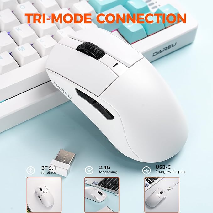 DAREU A950GM Wireless Gaming Mouse, 60g Lightweight, 26K DPI PAW3395 Optical Sensor, 2.4G/BT/Wired,Support 30-40min Fast Charge, 5 Programmable Buttons for PC/Laptop/Mac