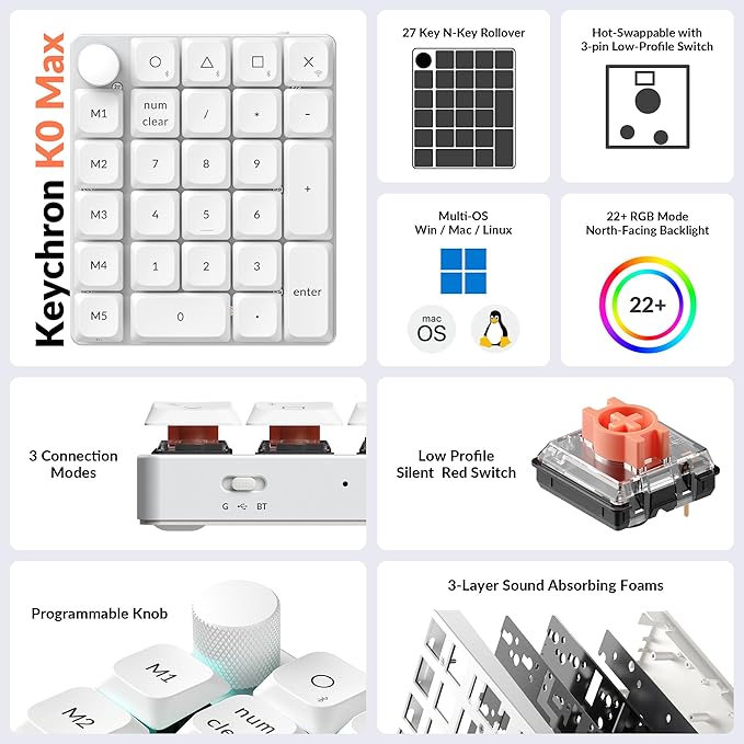 Keychron K0 Max QMK Wireless Custom Number Low-Profile RGB Backlit (Hot-Swappable) Silent Red Switch Keypad, 2.4 GHz & Bluetooth 5.3 Connection, 1000Hz Polling Rate - White