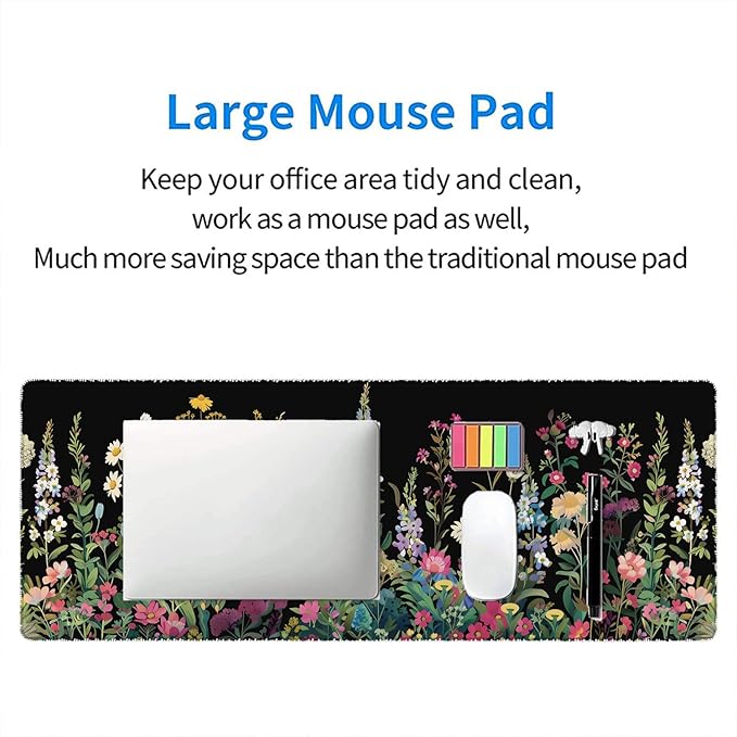 Floral Desk Mat Cute Plant Wildflowers Flowers Large Gaming Mouse Mat with Stitched Edges,Non-Slip Waterproof Rubber Base Mous Mat 31.5"x11.8" Office Computer Keyboard Laptop Home