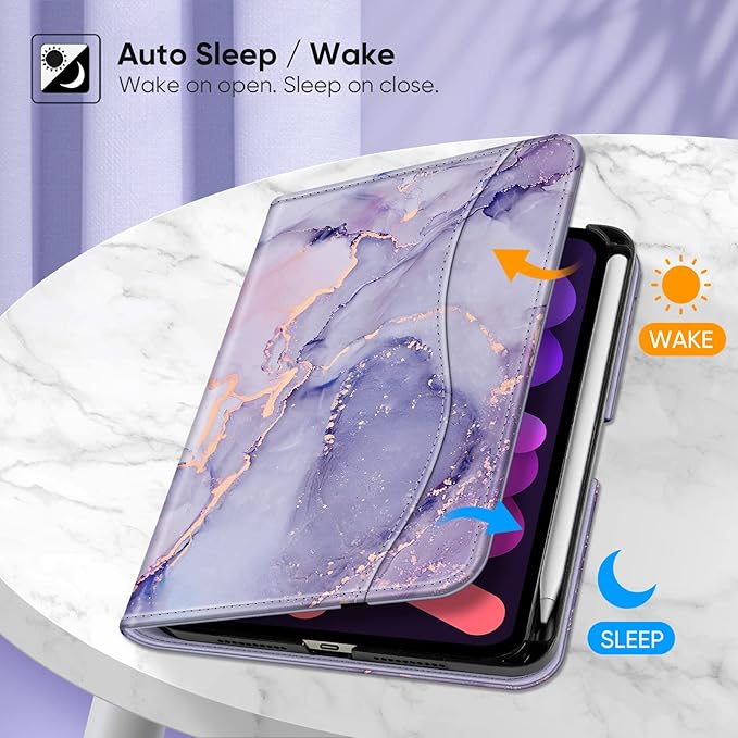 Fintie Folio Case for iPad Mini 7 (A17 Pro, 7th Generation) 2024 / iPad Mini 6 (6th Gen) 8.3 Inch, Multi-Angle Smart Stand Cover with Pencil Holder & Pocket, Auto Sleep/Wake, Lilac Marble