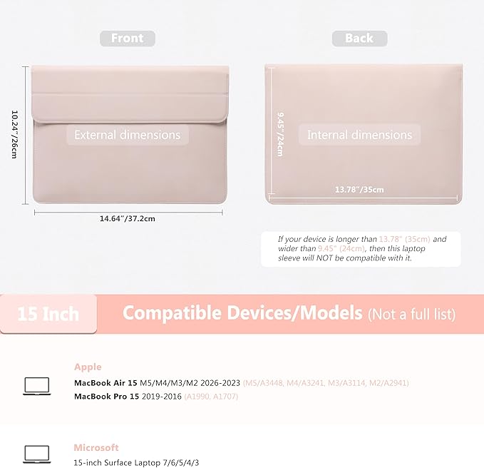 HYZUO 15 Inch Laptop Case Bag Sleeve with Stand for MacBook Air 15 M5 M4 A3241 M3 A3114 M2 A2941 2026-2023, 15" Surface Laptop 7/6/5/4/3, MacBook Pro 15 A1990 A1707 2019-2016, Apricot