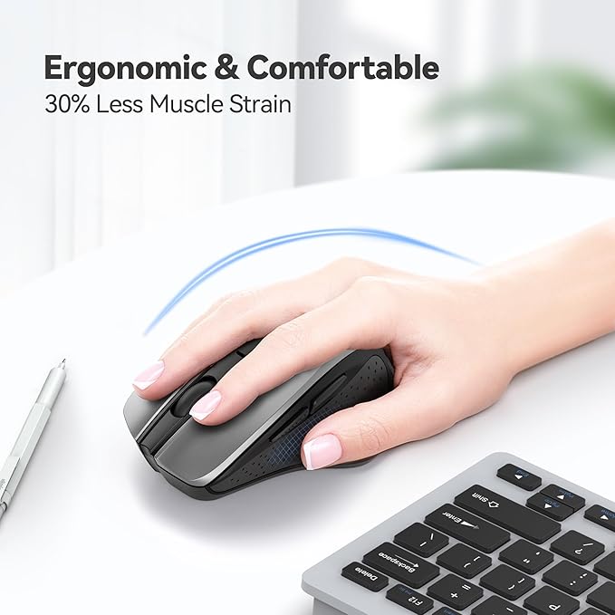 TECKNET Wireless Mouse, 2.4G Ergonomic Optical Mouse, Computer Mouse for Laptop, PC, Computer, Chromebook, Notebook, 6 Buttons, 24 Months Battery Life, 2600 DPI, 5 Adjustment Levels - Silver