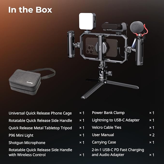 SmallRig All-in-One Universal Quick Release Phone Video Rig Kit Pro, Phone Stabilizer Rig Kit with LED Light Microphone QR Tripod Dual Handles Power Bank Holder, for Creator & Live Streaming - 4704