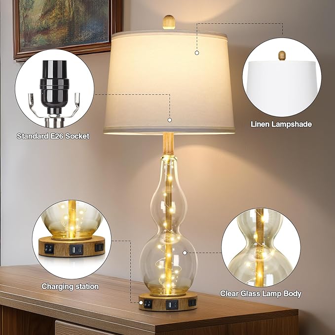 Rinweey 27.5" Clear Glass Table Lamp Set of 2 with Night Light,Bedside Lamps with USB Ports and AC Outlet, Modern Nightstand Lamps Retro Farmhouse lamp for Bedroom Living Room