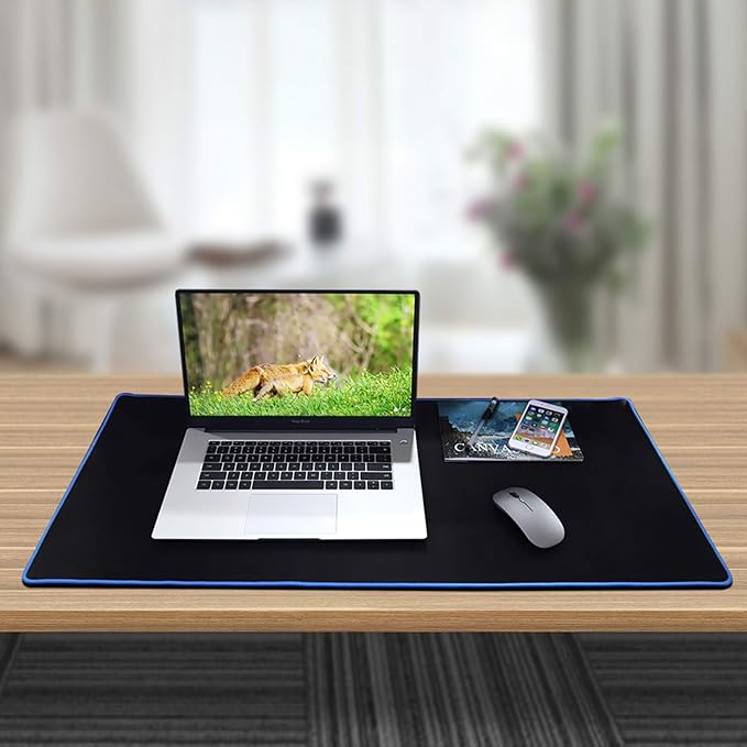 Large Gaming Mouse Pad(35.4x15.7x0.16in), Black Thick Computer Extended Mousepad for Laptop, 35% Larger Smooth Keyboard Mat with Non Slip Blue Rubber Base, Desk Pad with Durable Stitched Edges
