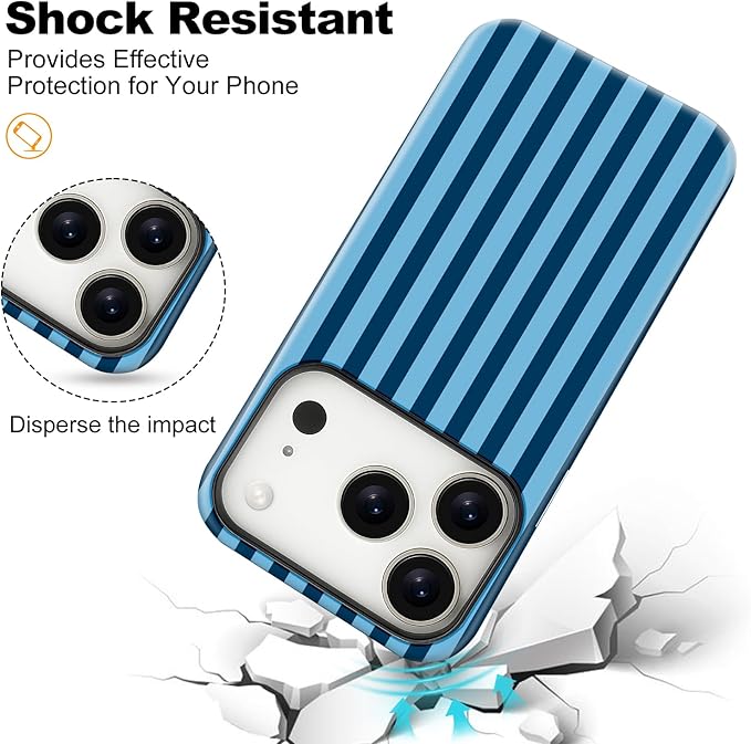 Magnetic for iPhone 17 Pro Max Case Cute Stripes Phone Case, Shockproof Slim TPU and Hard PC Protective Phone Cover Compatible with MagSafe Designed for Women Girls, Lake Blue