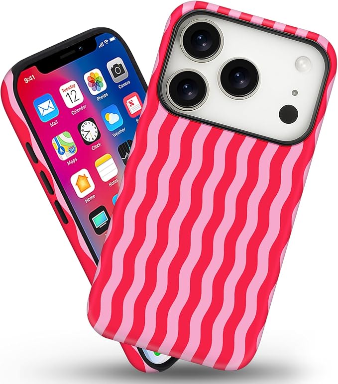 Magnetic for iPhone 17 Pro Case Cute Wavy Stripes Phone Case, Shockproof Slim TPU and Hard PC Protective Phone Cover Compatible with MagSafe Designed for Women Girls, Red