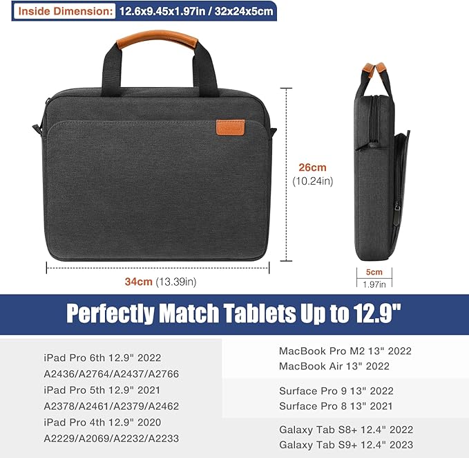 MoKo 13 Inch Tablet Sleeve Case Fits 13 Inch New iPad Pro M5 & Air M4 2026,iPad Pro 12.9 M2&M1,Surface Laptop Go 12.4,Galaxy Tab S8+/S9+ 12.4,Multi-Functional Pockets with Shoulder Strap,Black&Gray