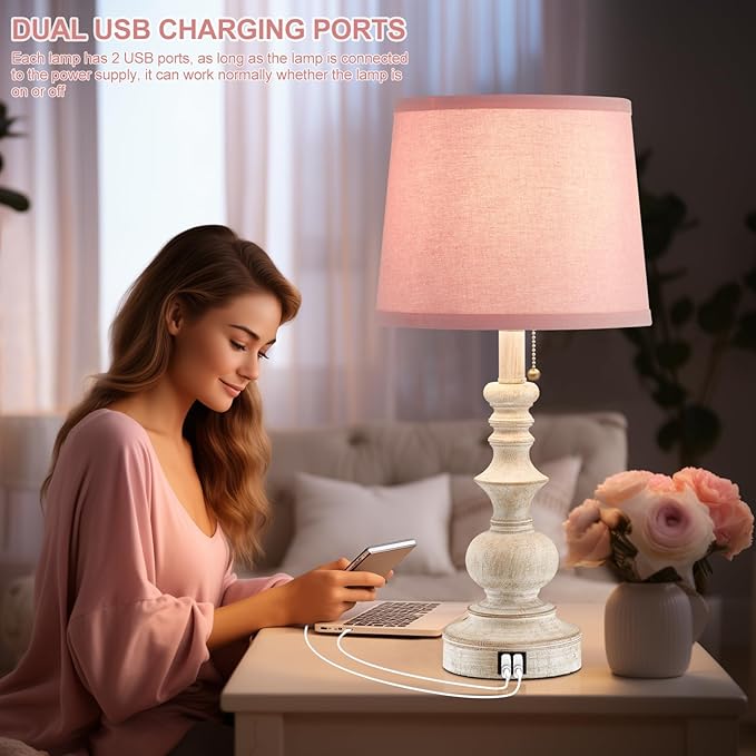 Drawealth 22'' Bedside Table Lamps Set of 2 Modern Farmhouse Nightstand Lamps for Bedroom with USB Charging Ports Vintage Boho Table Lamps for Girls Kids Living Room,Pink Shade,Bulbs Not Included