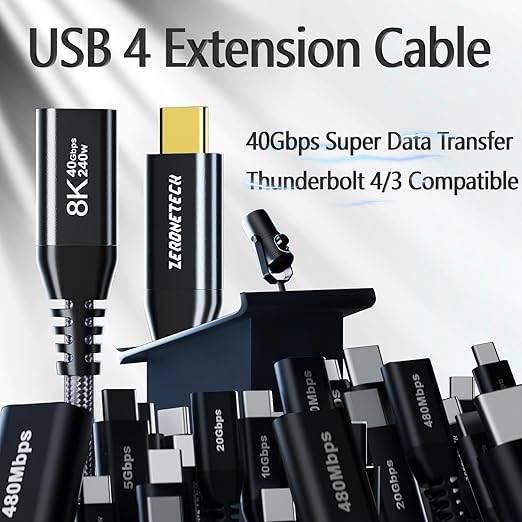 ZeroneTeck 40Gbps USB 4 Extension Cable 1.65FT, Supports [8K Video, PD 240W Charging, 40Gbps Data] Doubles The Speed of USB C 3.2 Gen 2 Male to Female Extender for SSD, iPhone 17/16/15, PSVR2, iPad