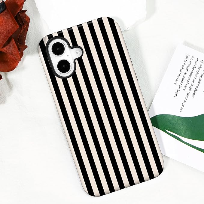 Magnetic for iPhone 16 Case Cute Stripes Phone Case, Shockproof Slim TPU and Hard PC Protective Phone Cover Compatible with MagSafe Designed for Women Girls, Black and White