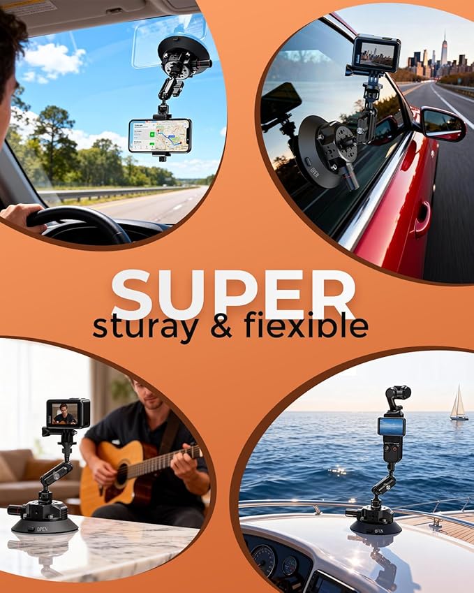CAMBOFOTO 4.6" Camera Suction Cup Mount with Ball Head Magic Arm, Car Mount with Action Camera Adapter and Phone Holder, Compatible with DSLR Cameras Sony, Canon, Nikon/Phone/DJI/Insta 360