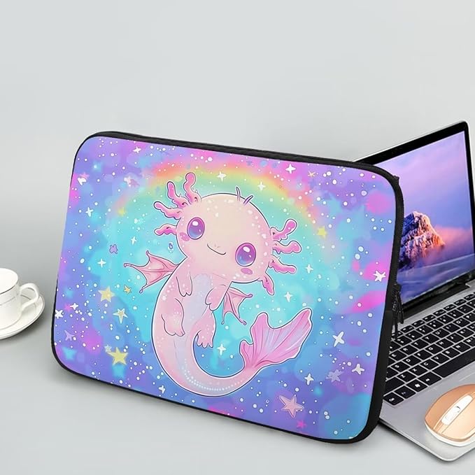 Cute Axolotl Laptop Sleeve for Teen Girls - 15 inch Rainbow Laptop Accessory with Versatile Uses - Ideal Gifts for Holidays - Galaxy Purple