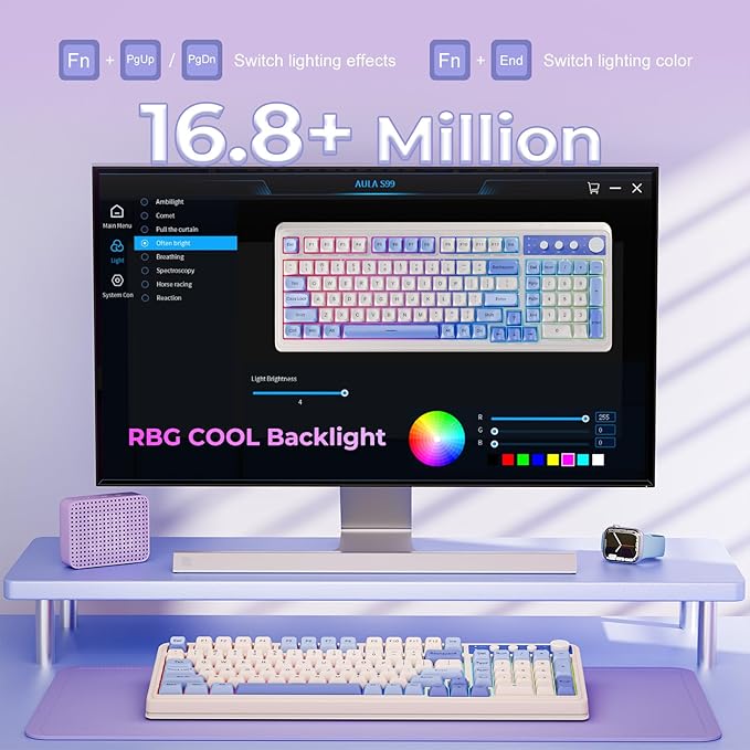 AULA S99 Wireless Keyboard, Tri-Mode Bluetooth/2.4GHz/USB-C Cute Creamy Gaming Keyboard with Number Pad RGB Backlit, Media Knob Custom Computer Keyboards for MAC Xbox PC Gamer - Gradient Purple