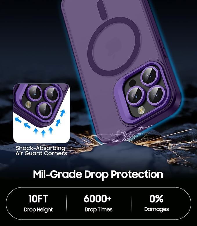 TOBOVON for iPhone 14 Pro Case, Compatible with MagSafe, Built-in Camera Ring Stand, with Individual Camera Cover, Translucent Matte Military-Grade Drop Protection Magnetic Case, Purple