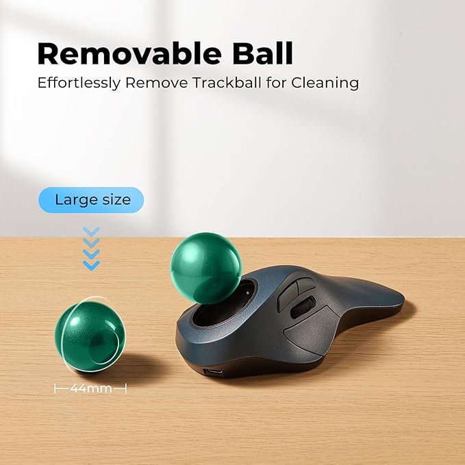 Wireless Trackball Mouse for Large Hands, Ergonomic Index Finger Control, Rechargeable Bluetooth/USB Mouse with Precise Smooth Tracking, Multi-Device Connection for Windows & Mac, Green