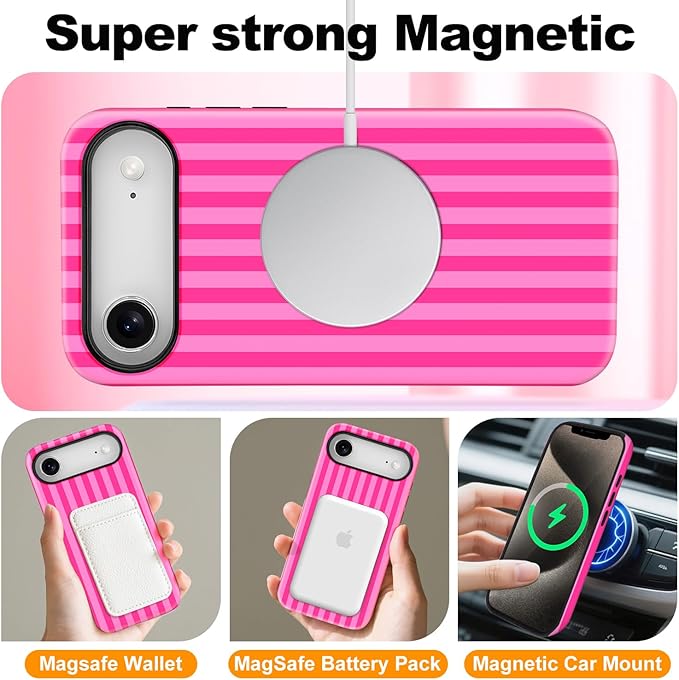 Magnetic for iPhone 17 Air Case Cute Stripes Phone Case, Shockproof Slim TPU and Hard PC Protective Phone Cover Compatible with MagSafe Designed for Women Girls, Deep Pink