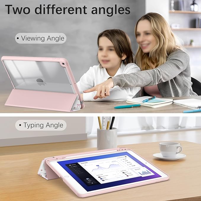 Case for iPad 9th / 8th / 7th Generation (2021/2020/2019) 10.2 inch, Case with Pencil Holder, Stand Clear Back Cover Cute Cool Design for Women Girls, Auto Sleep/Wake, Bow Rose