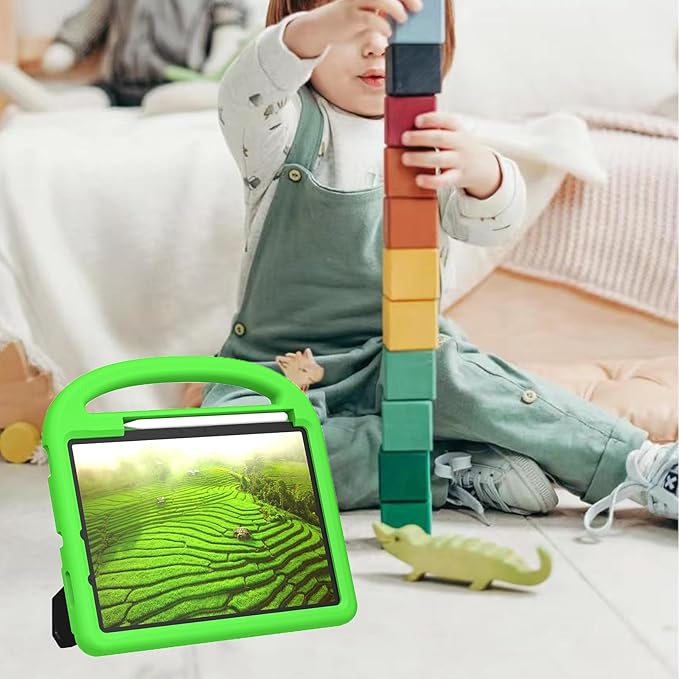 Kids Case for iPad Pro 11" M5 2025/M4 2024 & iPad Air 11" M3 2025/M2 2024, Techcircle Child Shock Proof EVA Protective [Support Pencil Charging] Handle Stand Cover, Green