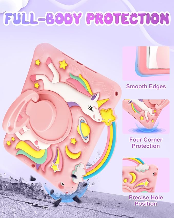Boaretiu for iPad 9th/8th/7th Generation Case 10.2 Inch 2021/2020/2019 - Cute Cartoon Unicorn Soft 3D Silicone Case with Strap & Rotating Stand for Girls Teens Tablet Cover for iPad 9/8/7