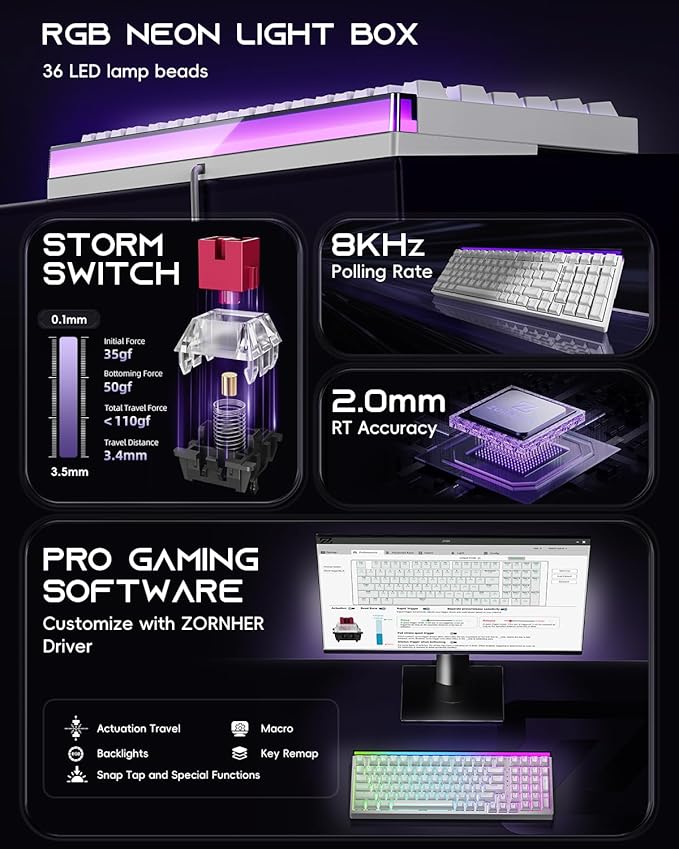 ZORNHER ZH99HE Mechanical Gaming Keyboard, Full Size White Gaming Keyboard with Creamy Switch,Soft RGB Backlit Light Box,Adjustable Actuation & Rapid Trigger, Hall Effect Technology