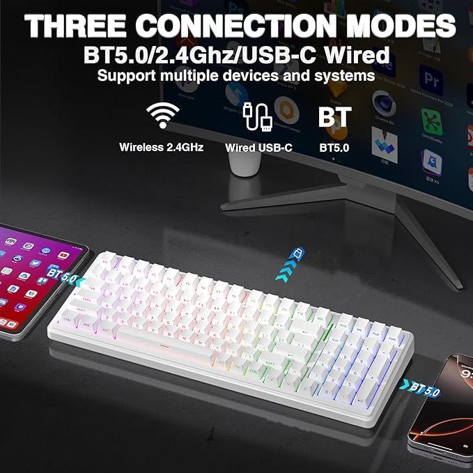 AULA F99 Wireless Mechanical Keyboard,Triple-Mode(BT5.0/2.4GHz/USB-C),Gasket Mounted Creamy Keyboard with Linear Switches, Side Printed PBT Keycaps,RGB Backlit PC Gaming Keyboards for Win/Mac