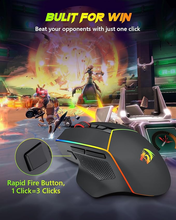 Redragon Wireless Gaming Mouse, Tri-Mode 2.4G/Bluetooth/USB-C, 7 Programmable Buttons, Tactile Rapid Fire Key, 8000 DPI RGB Ergonomic Mouse for PC Windows Gaming & Work, M814
