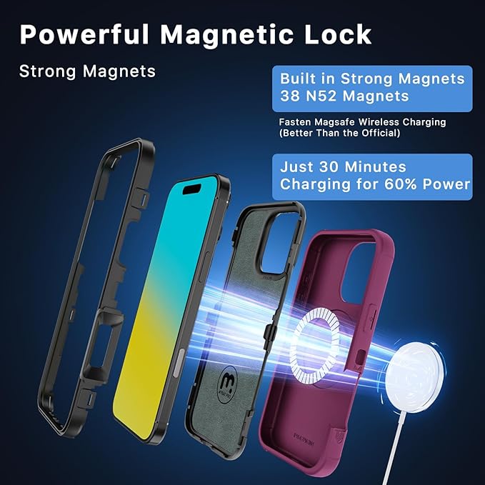 M MYBAT PRO Maverick Series for iPhone 16 Pro Max Case with Belt Clip Holster,[Compatible with Magsafe] w/Screen Protector,Anti-Drop,Shockproof,with 360°Rotating Kickstand,Heavy Duty Protection Plum