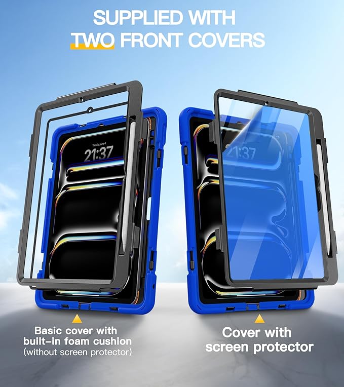 BRAECN Case for iPad Pro 11 inch M5 2025 & M4 2024, 4 Layers Heavy Duty Full-Body Protection Screen Protector Pencil Holder, 360° Rotating Handle Kickstand, Shoulder Strap Kids Friendly
